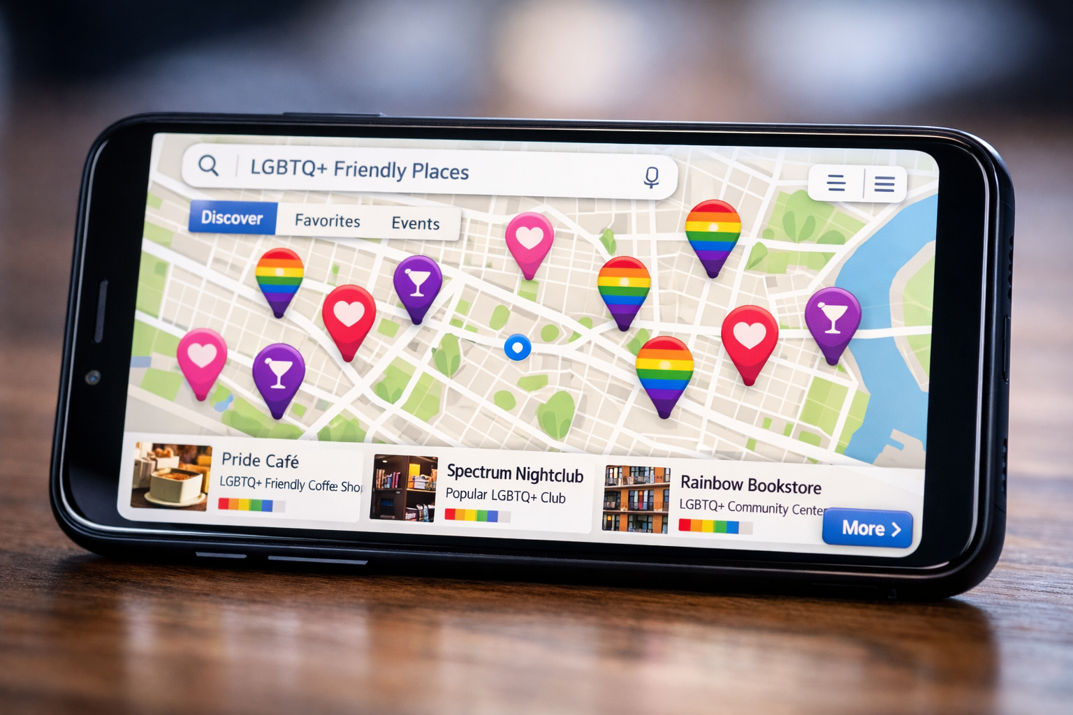 Mapa de geolocalização em aplicativo mostrando pontos de interesse LGBTQI+ friendly em área urbana