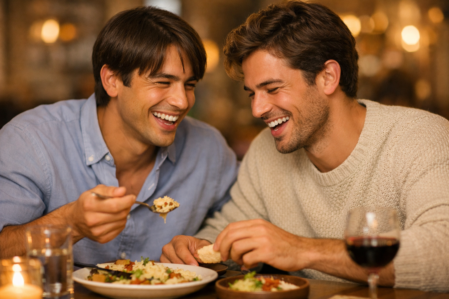 Dois homens rindo juntos em jantar casual demonstrando intimidade