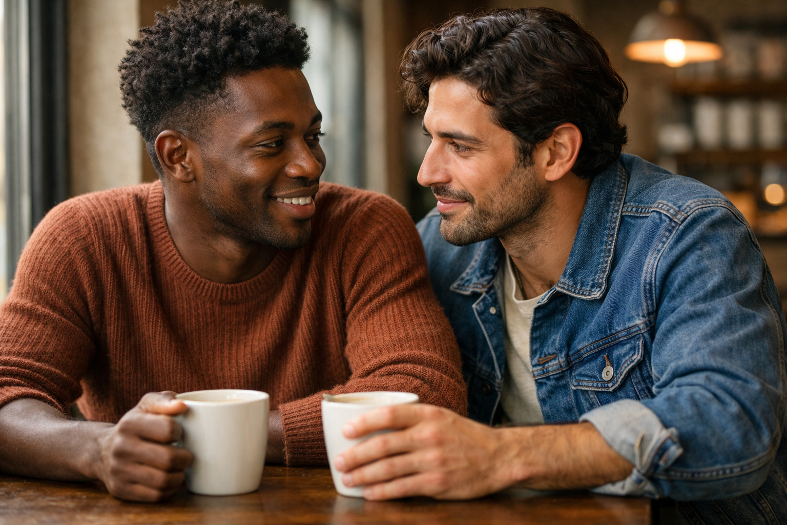 Dois homens conversando em café acolhedor demonstrando conexão emocional