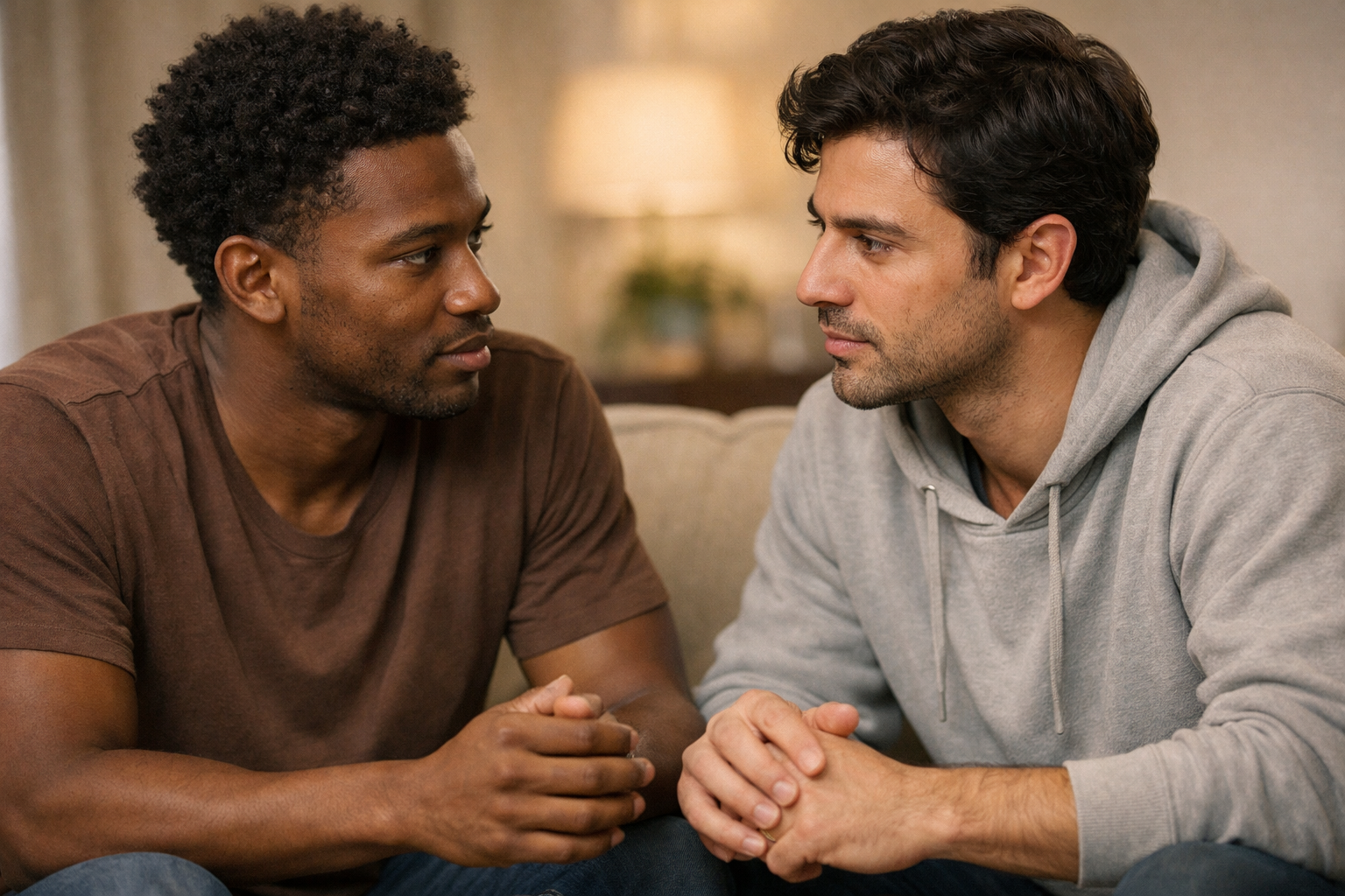 Dois homens em conversa séria e respeitosa em ambiente privado