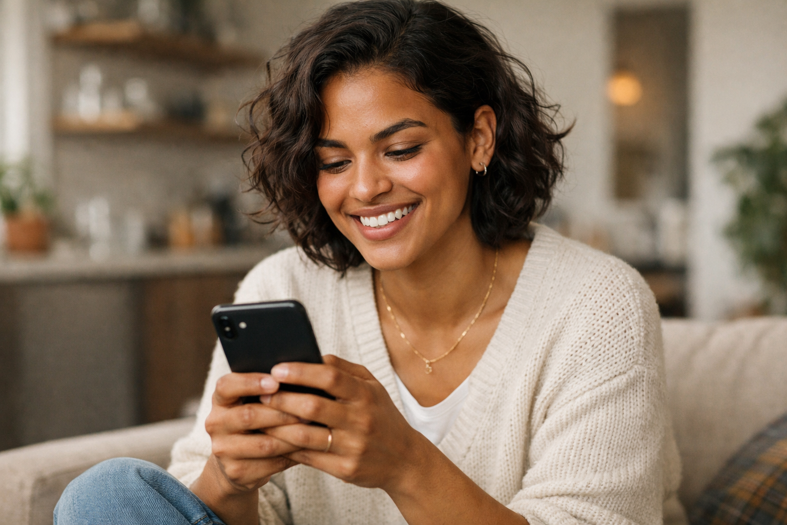 Pessoa LGBTQI+ sorrindo ao usar aplicativo de namoro em ambiente descontraído
