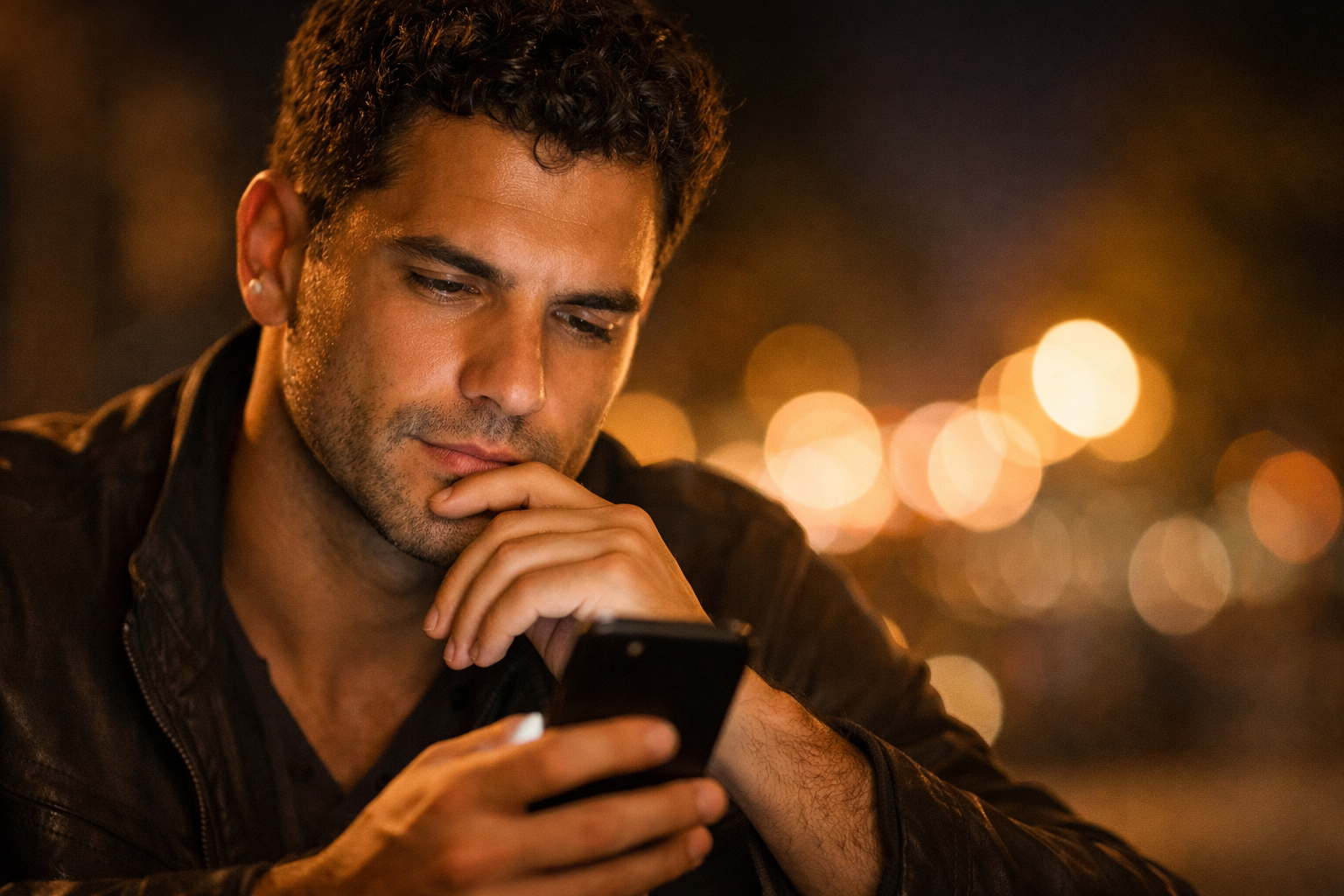Homem olhando pensativo para celular à noite, expressão reflexiva sobre mensagens