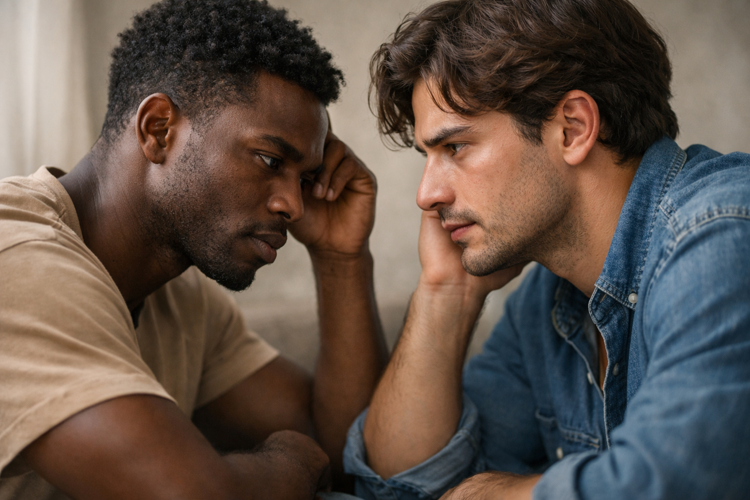 Dois homens em momento de afeto genuíno, abraço reconfortante e expressão de cuidado mútuo