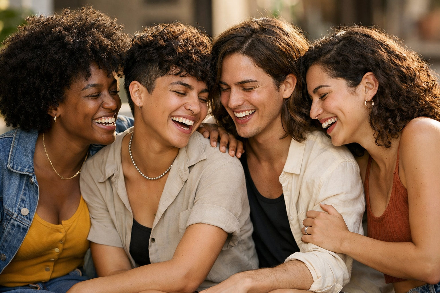 Grupo de amigos LGBTQI+ rindo e interagindo em ambiente descontraído, demonstrando comunidade e aceitação