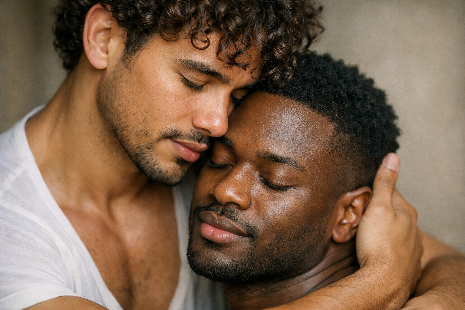 Casal de homens em momento íntimo e afetuoso, demonstrando conexão emocional profunda e autenticidade