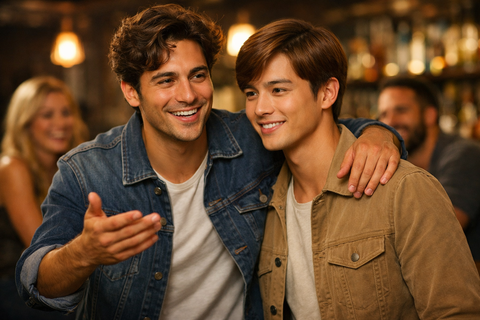 Dois homens em bar descontraído, um apresentando o outro a amigos em contexto social
