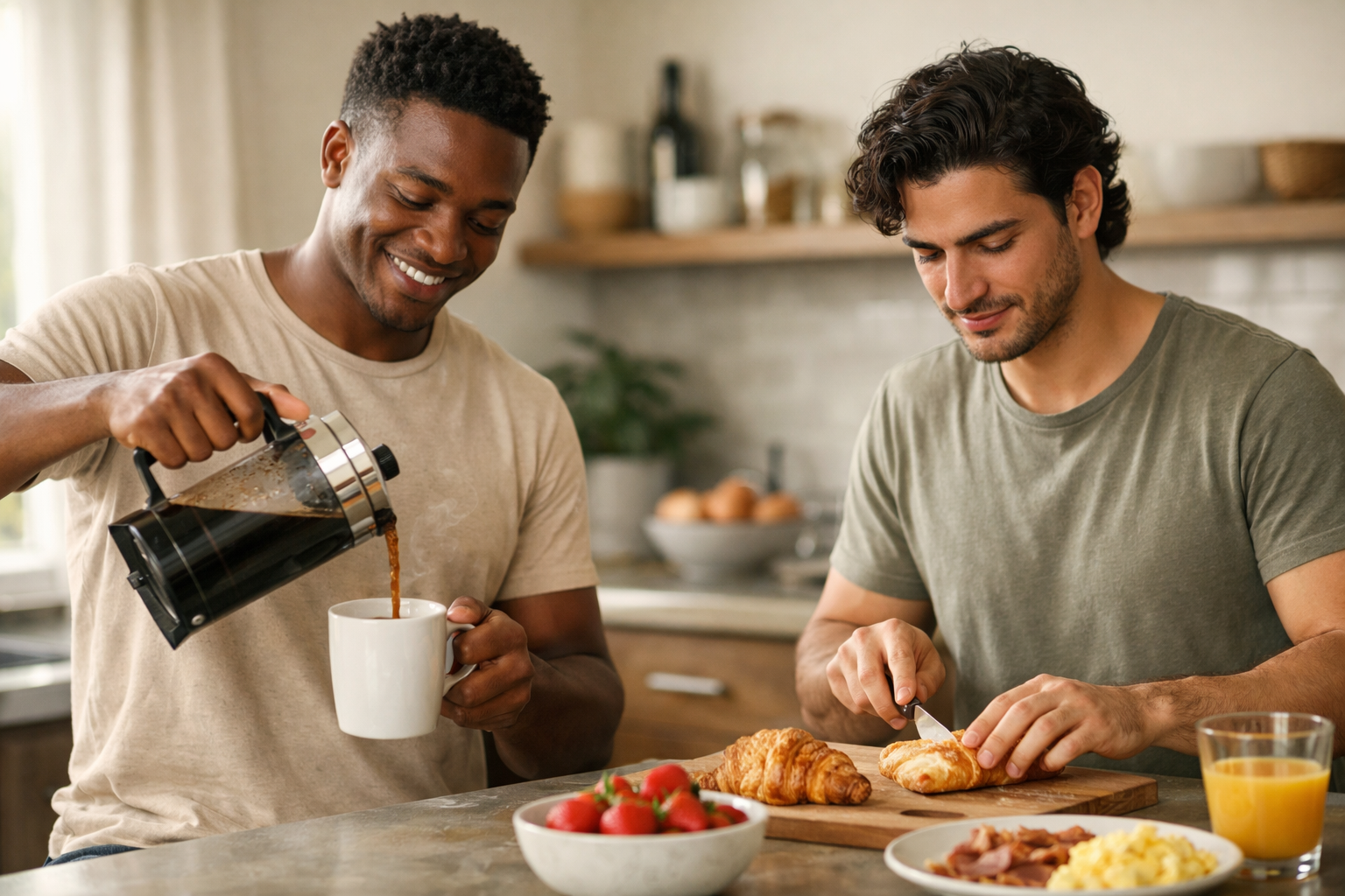Casal gay em momento casual cotidiano, preparando café juntos em cozinha moderna