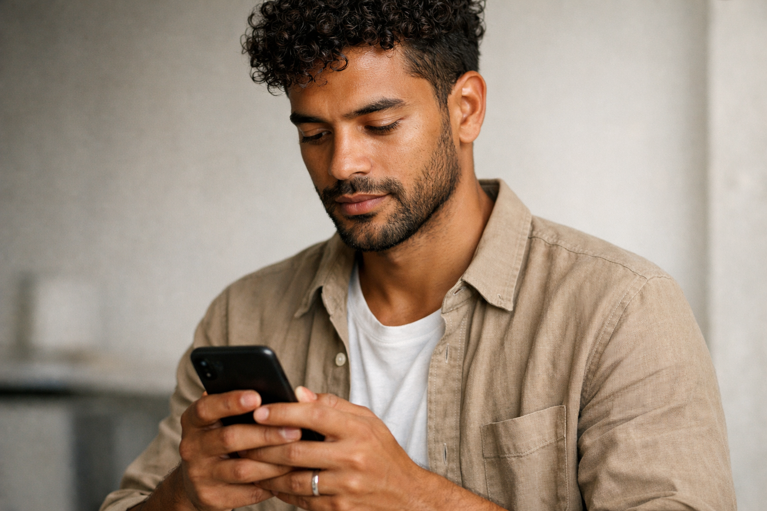 Homem usando smartphone para enviar mensagem, expressão concentrada e interessada