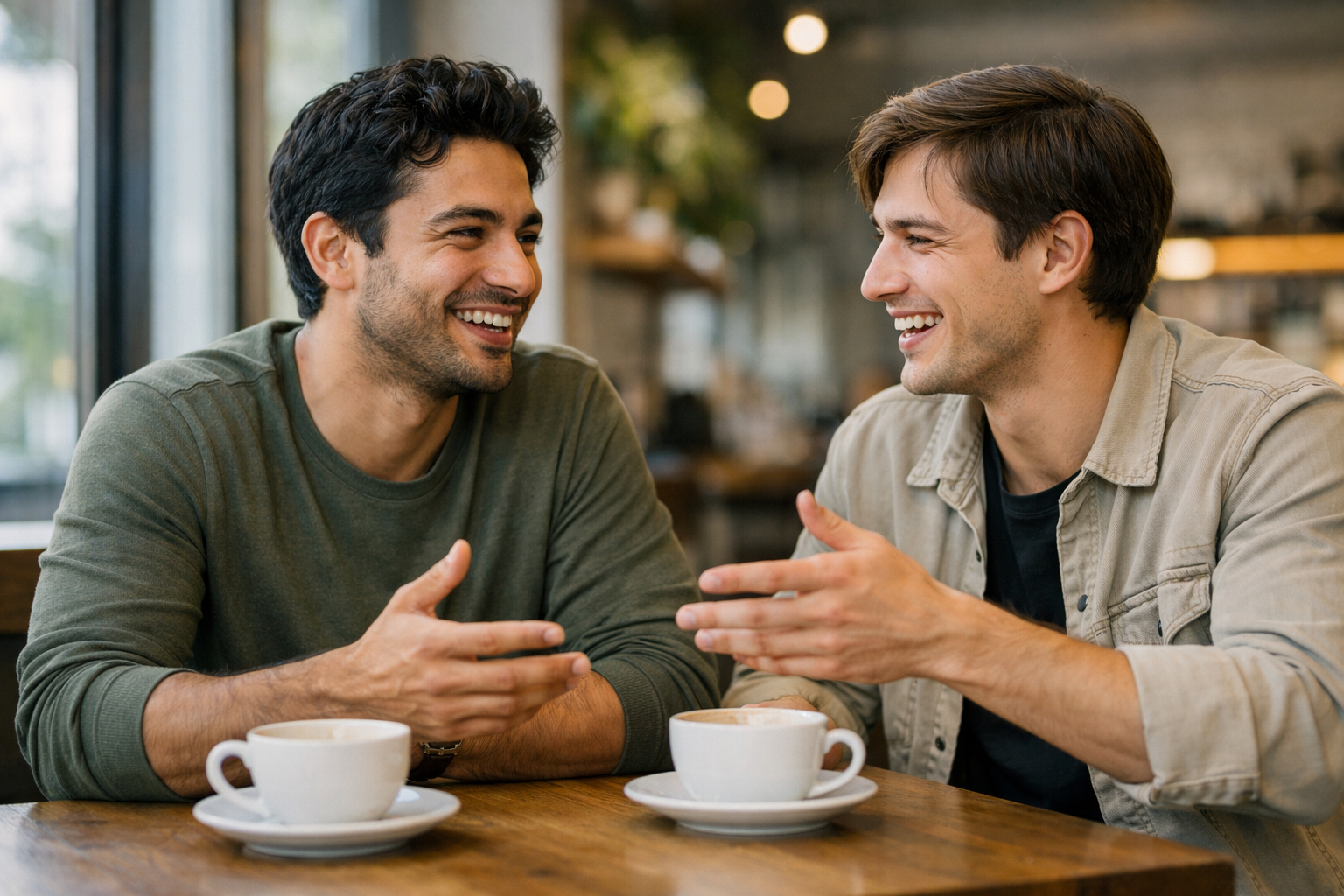 Dois homens conversando animadamente em café moderno, demonstrando conexão presencial após match online