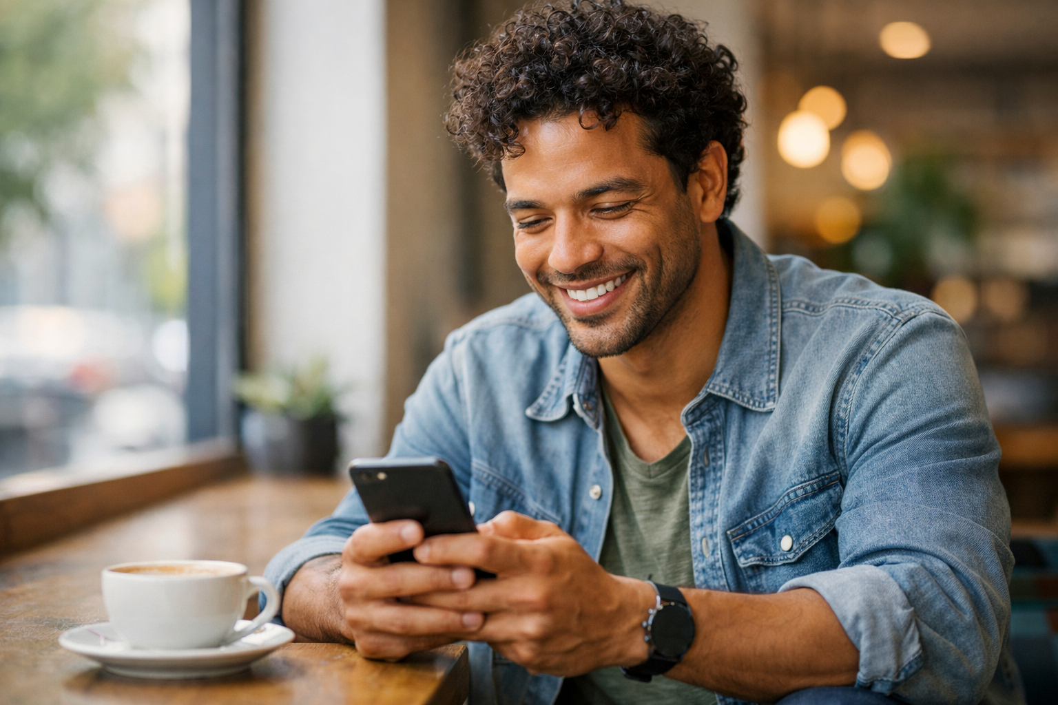 Homem sorrindo olhando smartphone em ambiente casual, demonstrando conversa fluindo no app de namoro
