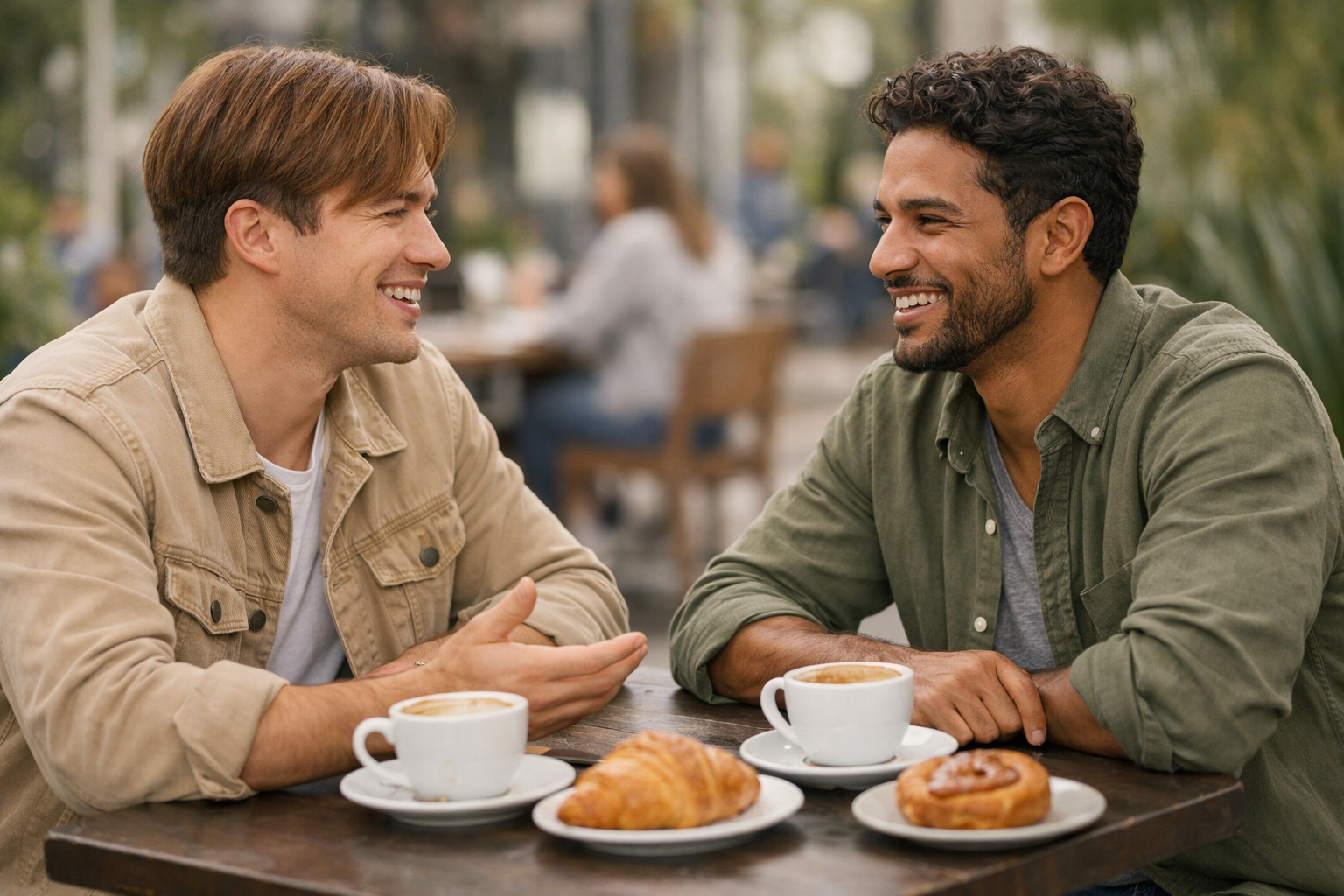 Dois homens em primeiro encontro casual em ambiente externo, conversando com linguagem corporal aberta e sorrisos genuínos