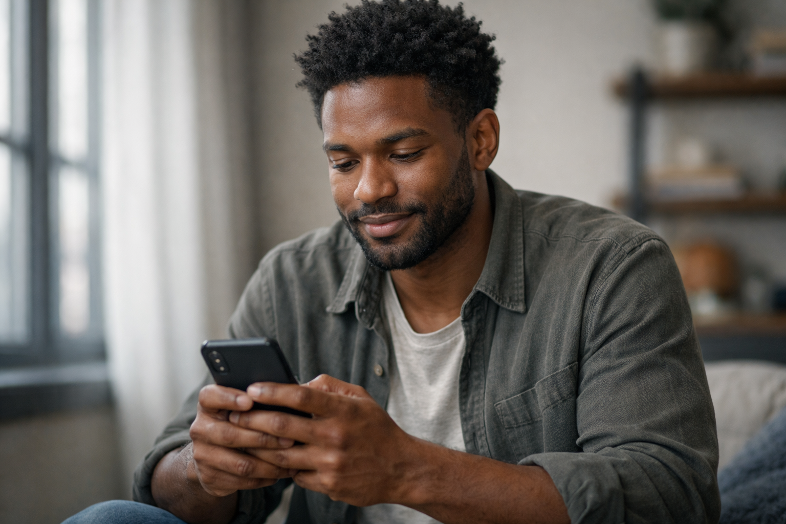 Homem digitando mensagem no smartphone com expressão concentrada e sorriso discreto