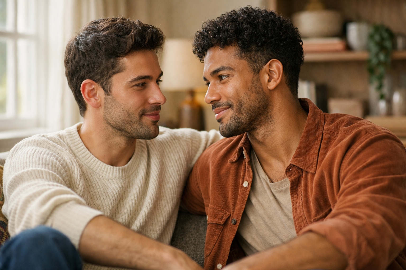 Casal de homens conversando afetivamente em ambiente acolhedor, demonstrando conexão emocional
