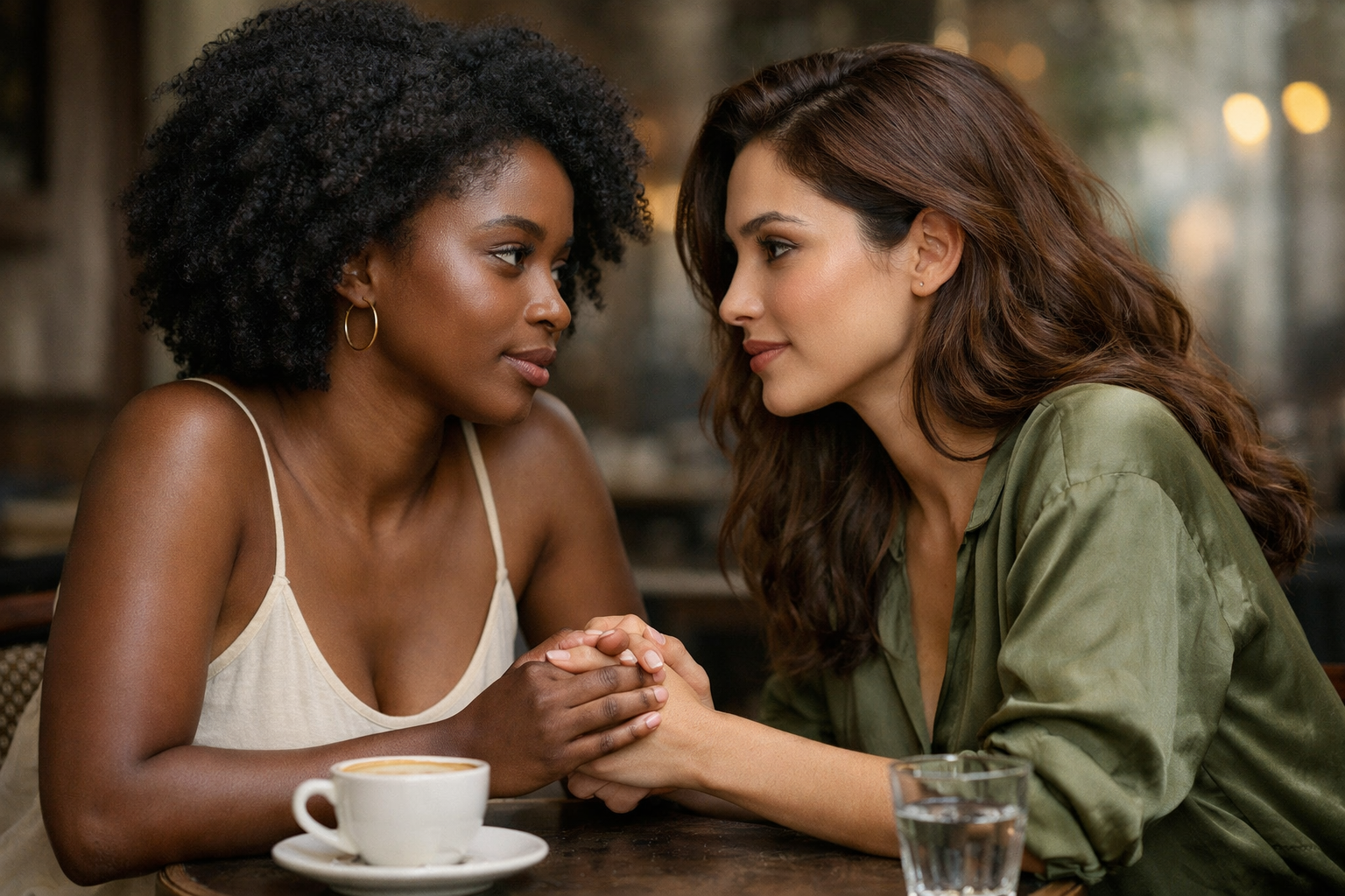 Duas mulheres em momento íntimo de conversa, uma segurando a mão da outra com carinho