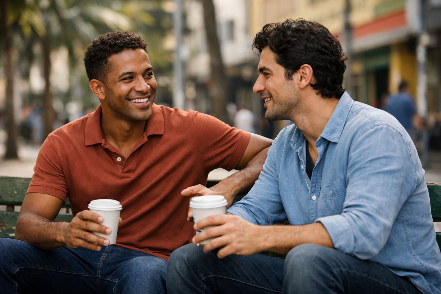 Dois homens em encontro casual em parque urbano brasileiro