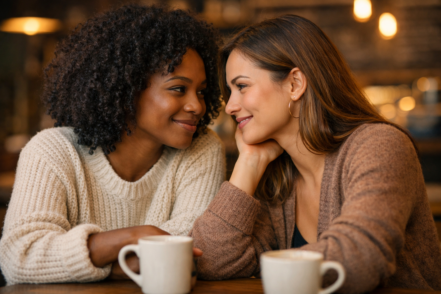 Duas mulheres em café demonstrando conexão emocional profunda