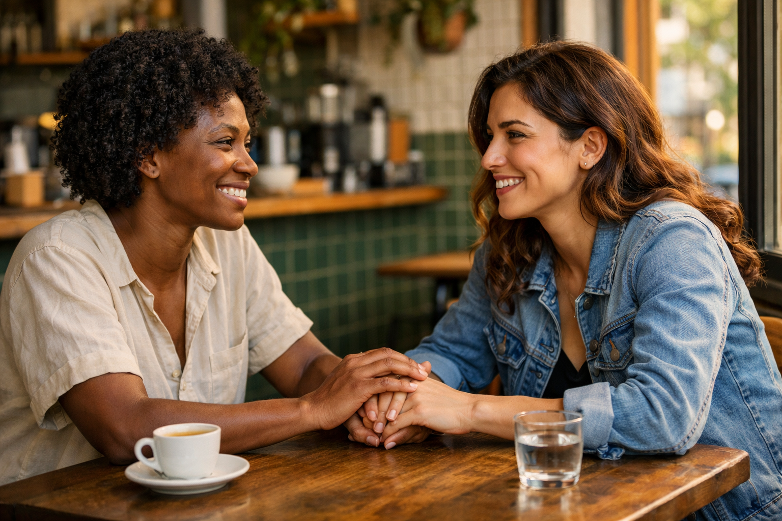 Casal diverso LGBTQI+ em café brasileiro demonstrando intimidade autêntica