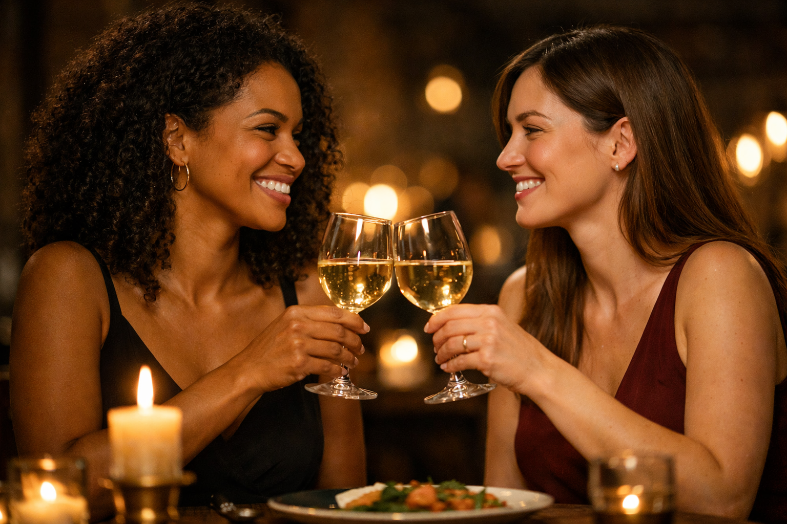 Casal LGBTQI+ celebrando aniversário de relacionamento em jantar íntimo