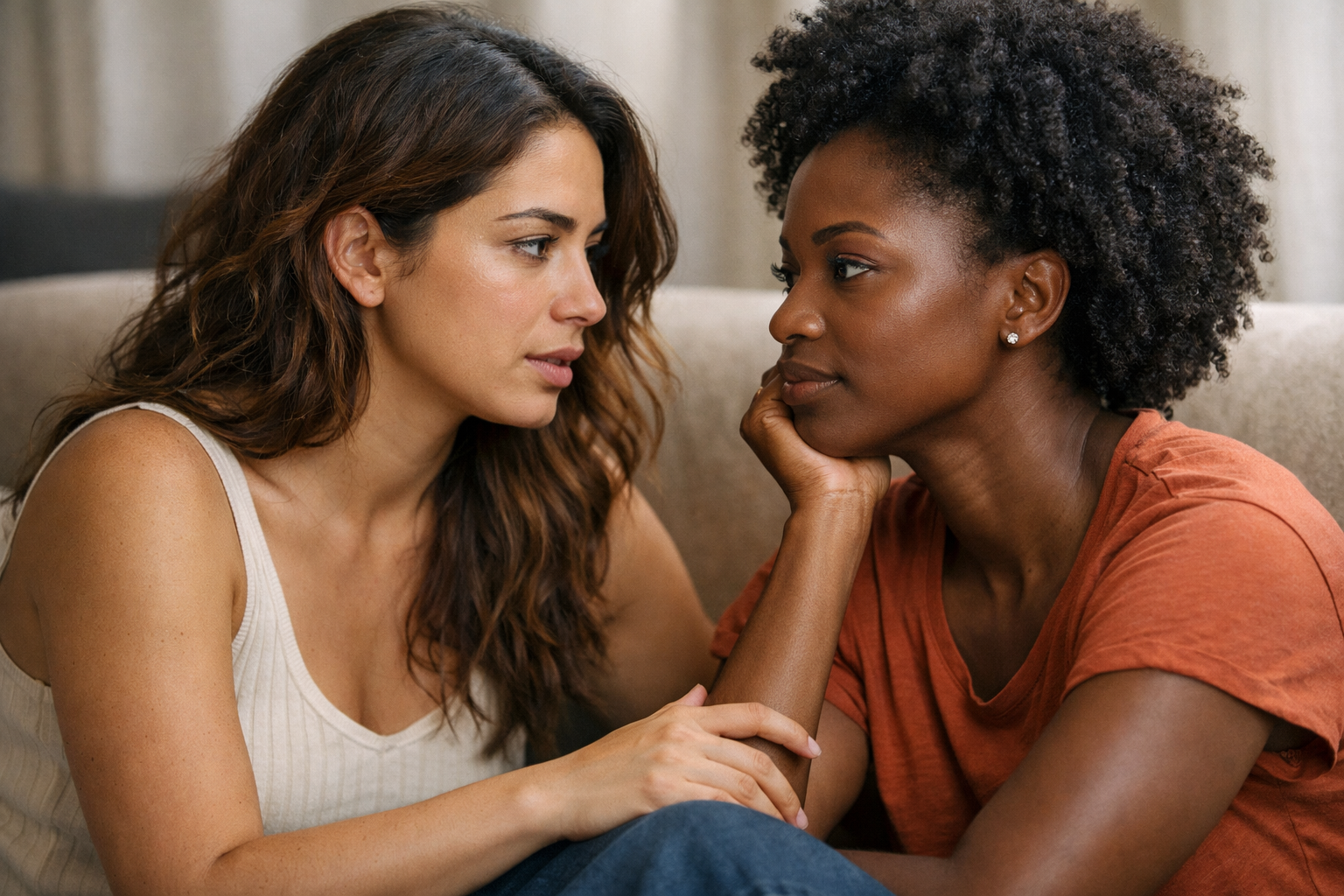 Casal LGBTQI+ em conversa séria demonstrando comunicação aberta sobre identidade e respeito mútuo