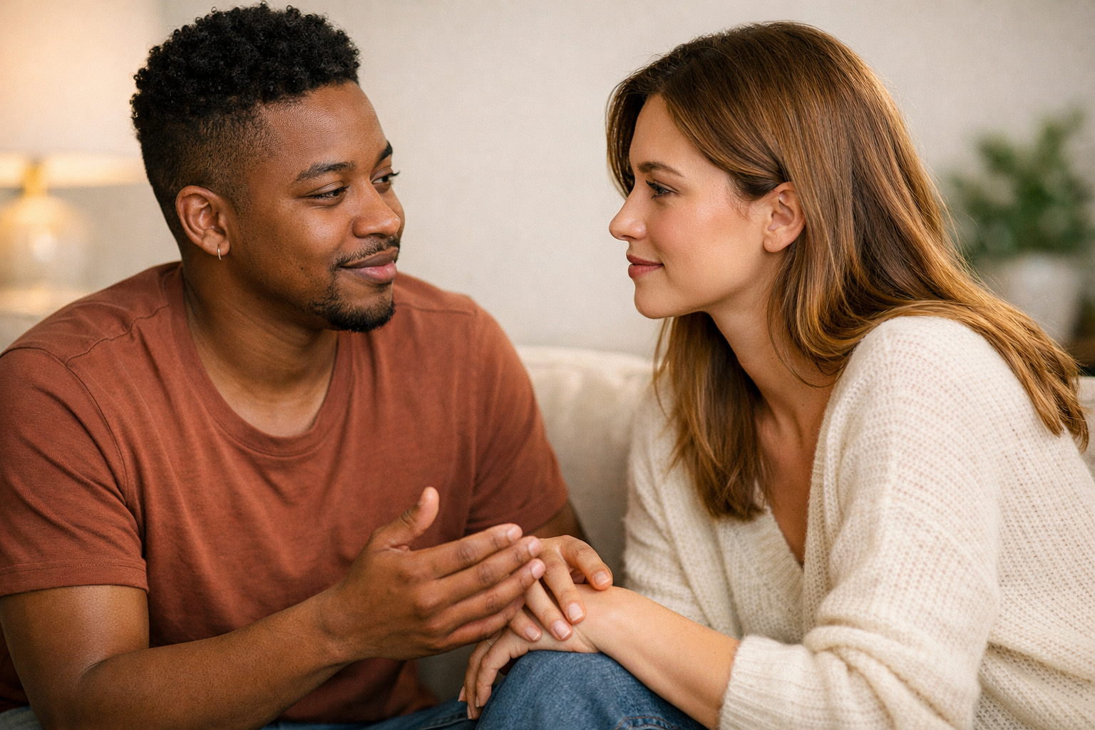 Casal inter-racial em conversa íntima e respeitosa em ambiente doméstico confortável