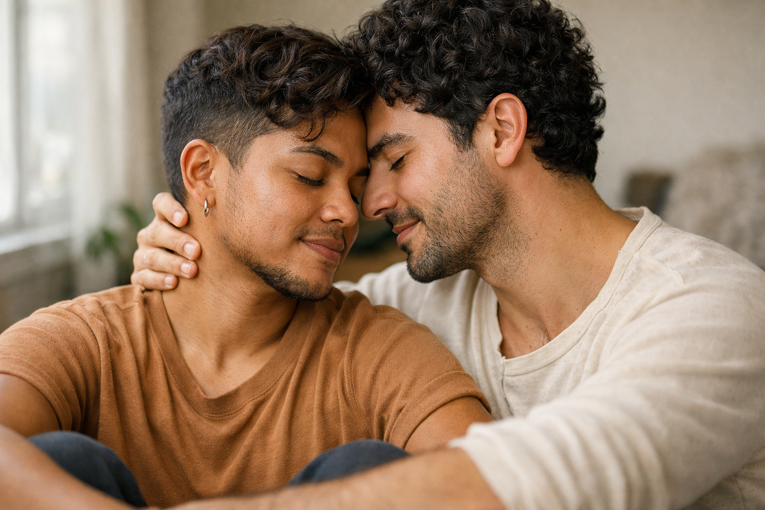 Dois homens em momento de afeto e conexão emocional, um deles trans, em ambiente acolhedor