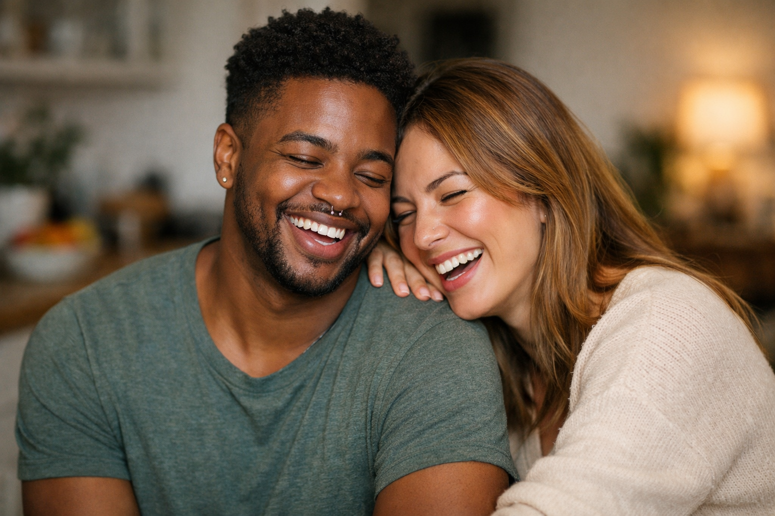 Casal inter-racial feliz em momento cotidiano descontraído, demonstrando normalidade e alegria no relacionamento