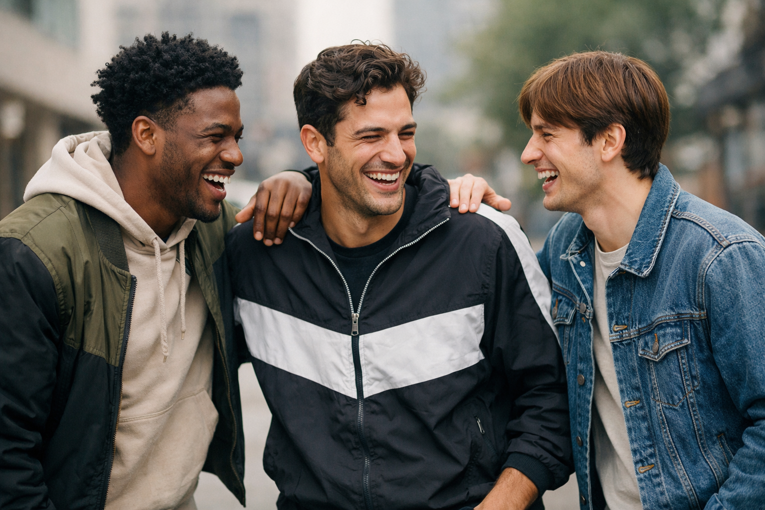Três homens gay de biotipos diferentes compartilhando momento de conexão genuína