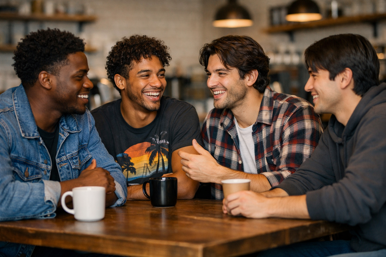 Grupo diverso de homens gay conversando em ambiente social descontraído