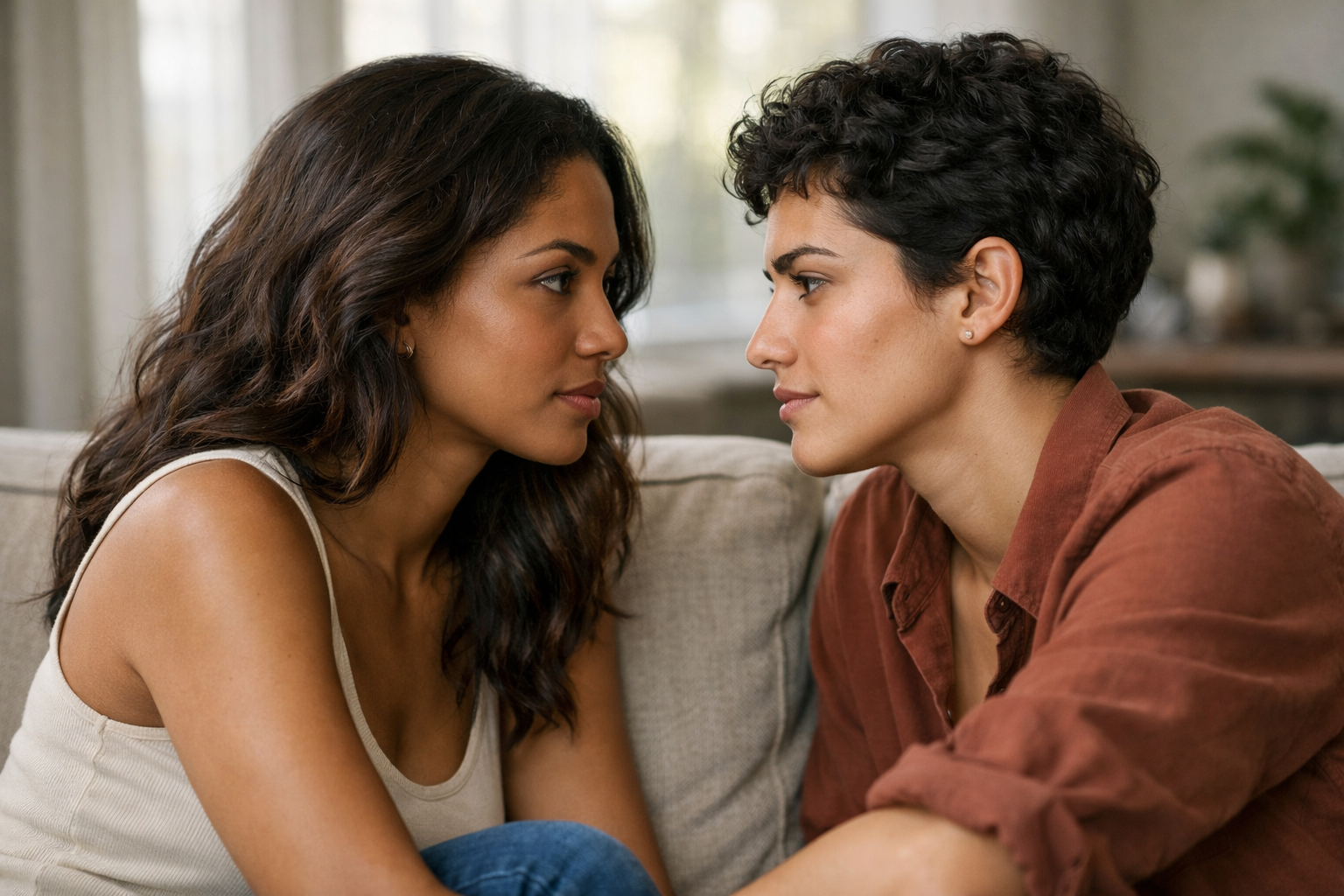 Casal LGBTQI+ conversando com seriedade sobre acordos de relacionamento aberto em ambiente íntimo