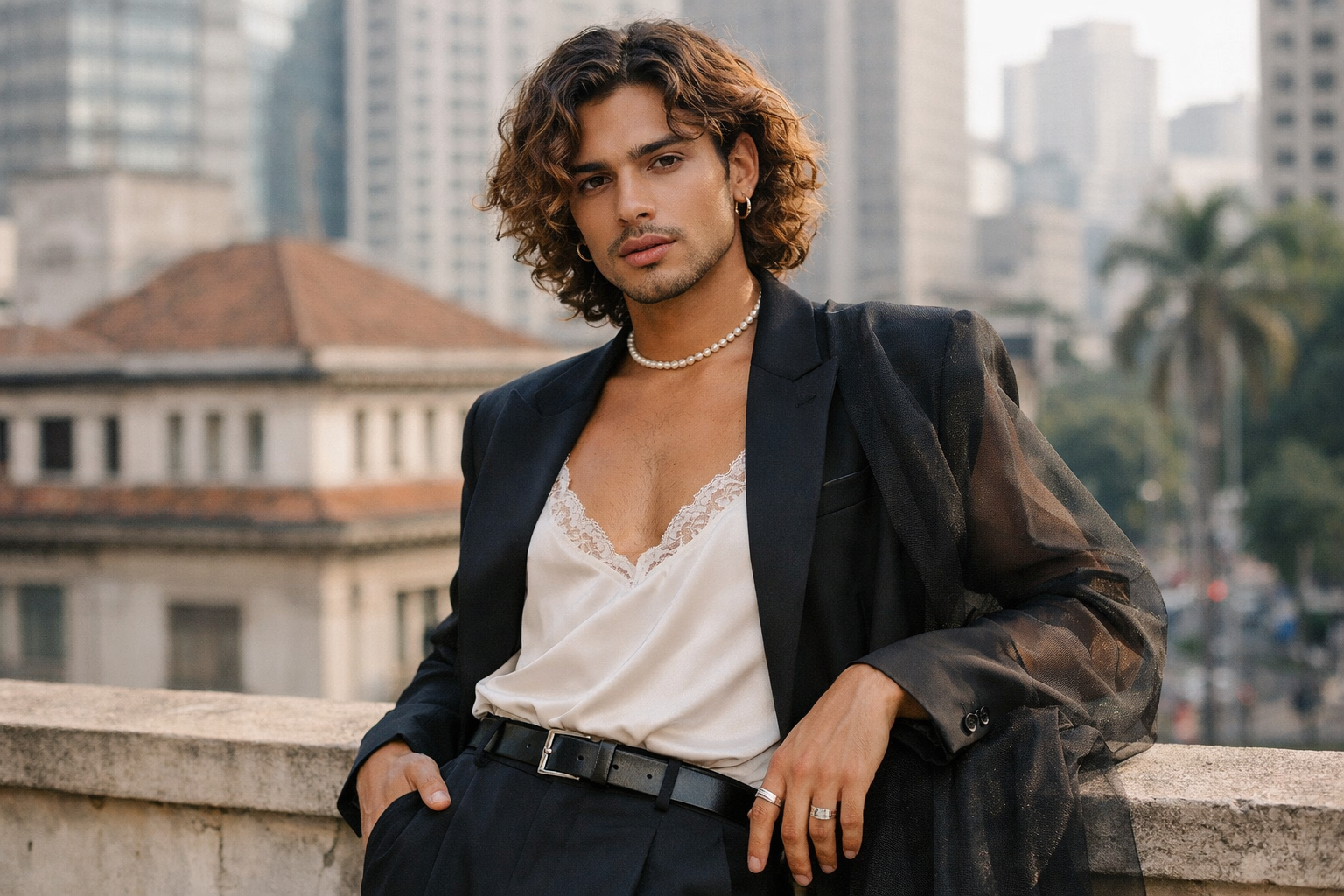 Homem com estilo andrógino em ambiente urbano brasileiro moderno