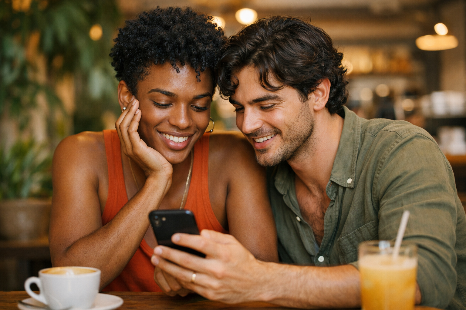 Dois homens com expressões de gênero variadas usando smartphone em café brasileiro