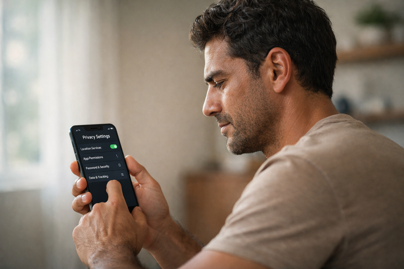 Homem verificando configurações de privacidade em app de relacionamento LGBTQI+ no smartphone