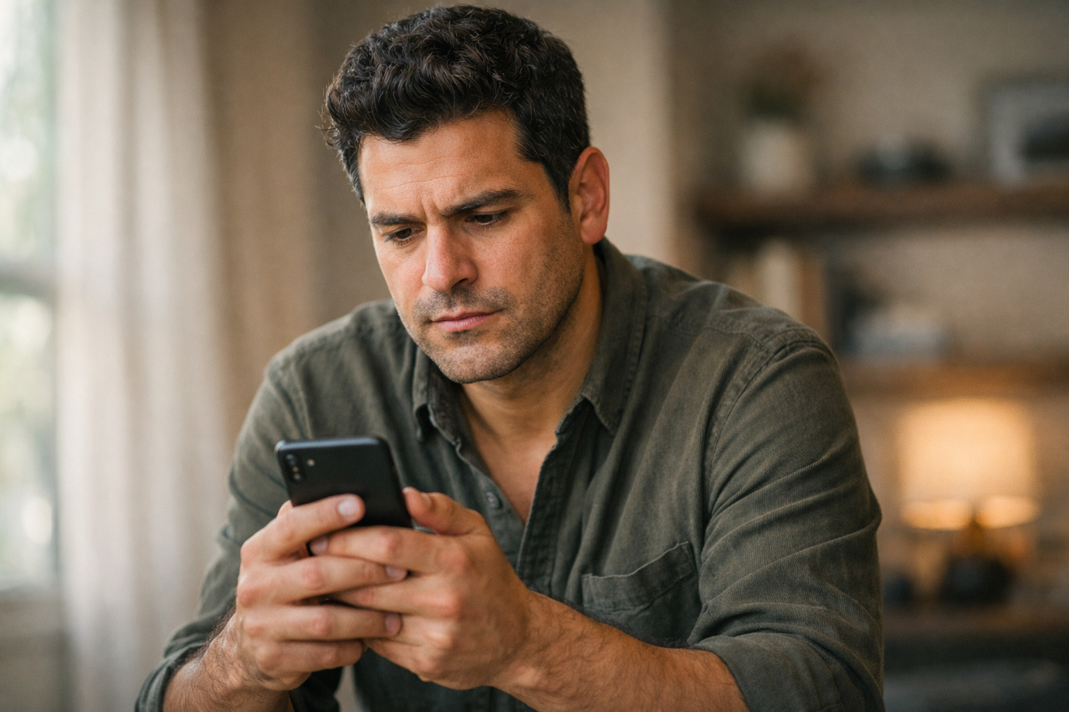 Homem com expressão cautelosa analisando perfil de namoro no celular em ambiente com luz suave