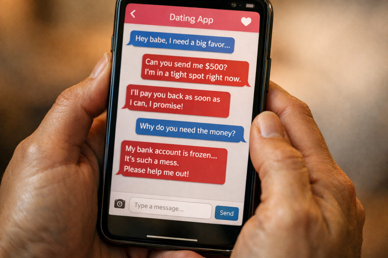 Tela de celular mostrando conversa de app de namoro com mensagens suspeitas de pedido de dinheiro