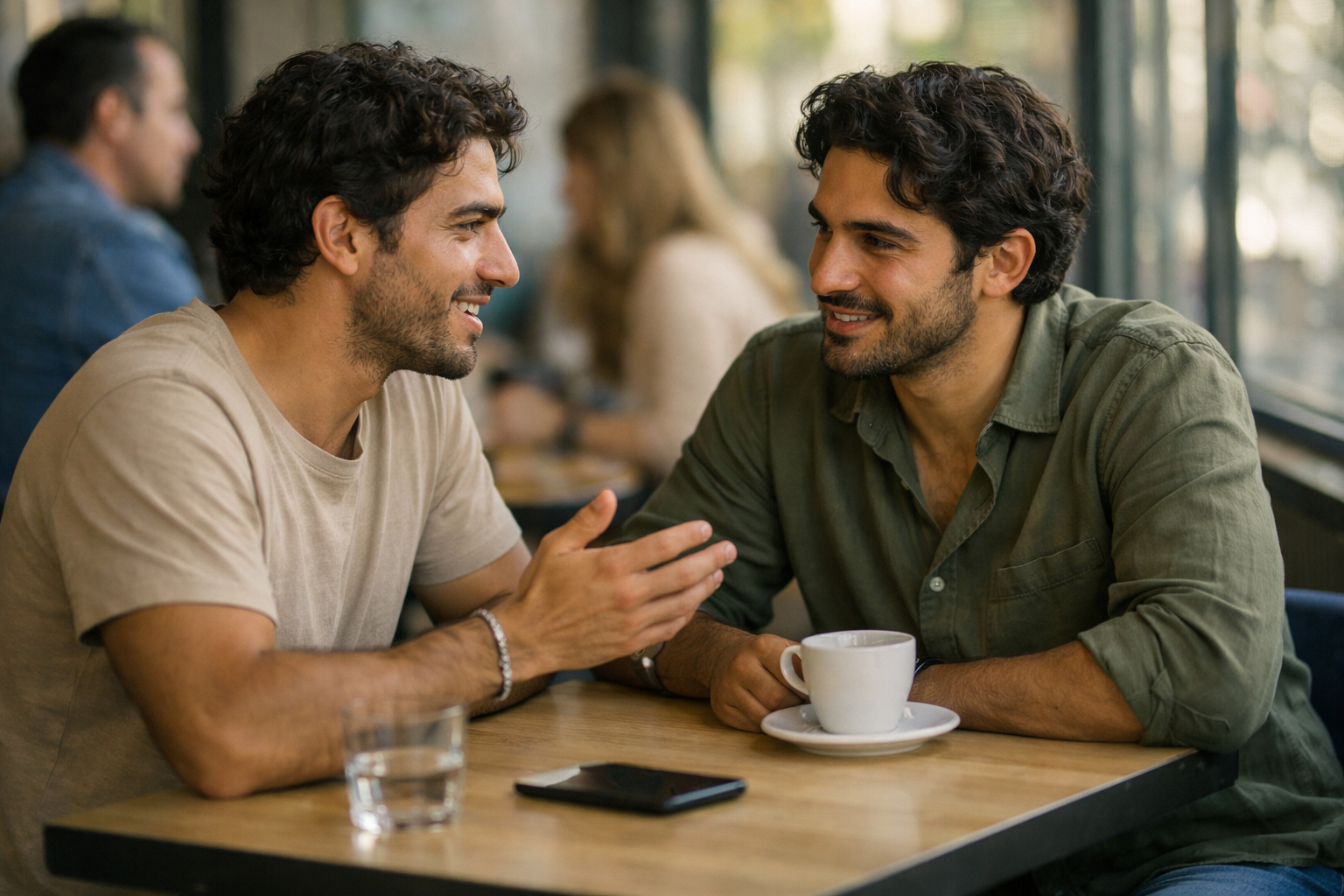 Casal de homens em café público durante encontro seguro, conversando em ambiente iluminado