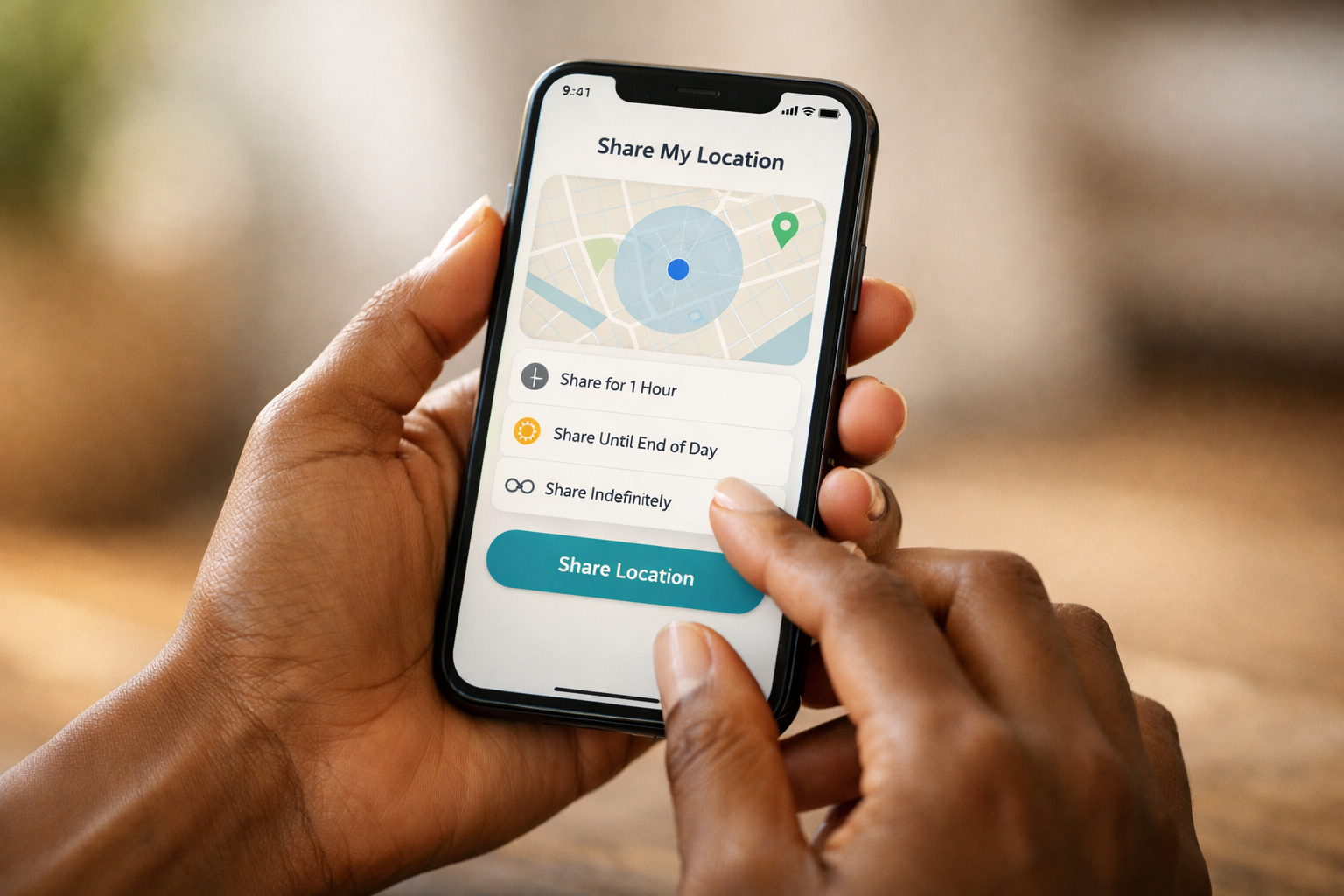 Pessoa segurando smartphone com tela de localização compartilhada em aplicativo de segurança