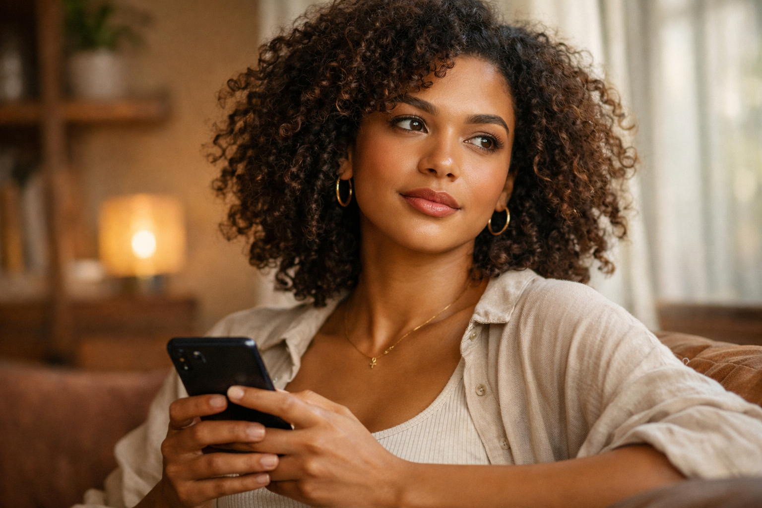 Pessoa LGBTQ+ olhando celular com expressão pensativa em ambiente seguro e iluminado