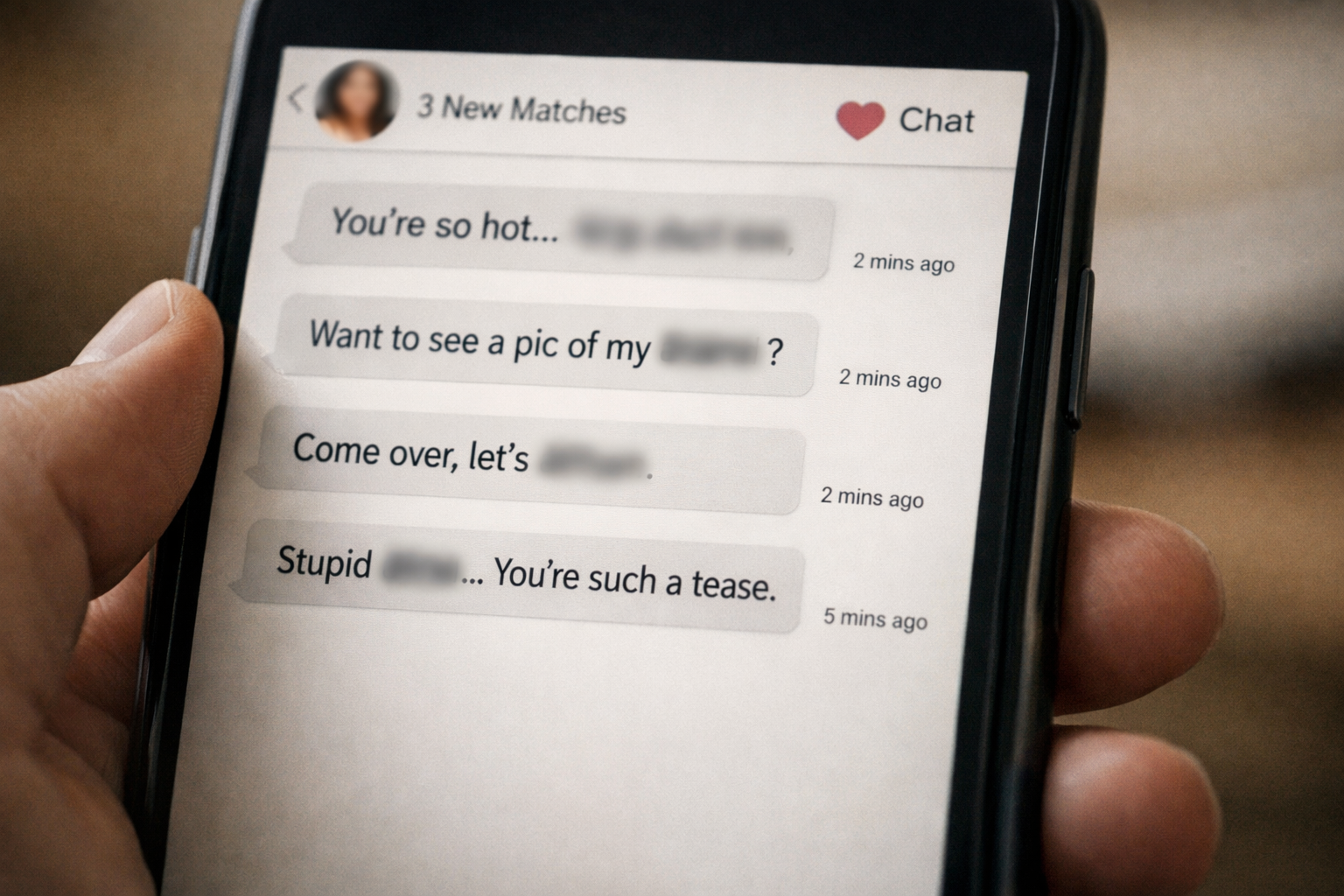 Tela de celular mostrando mensagens de assédio em app de namoro com foco em documentação