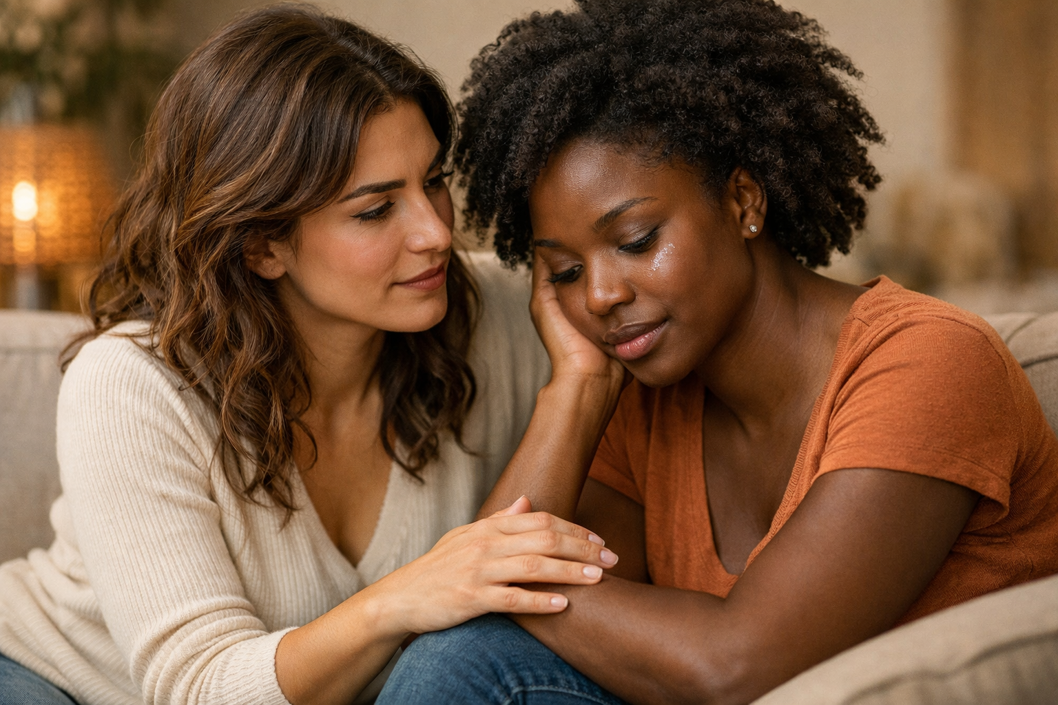 Duas pessoas LGBTQ+ em conversa de apoio emocional em ambiente acolhedor e iluminado