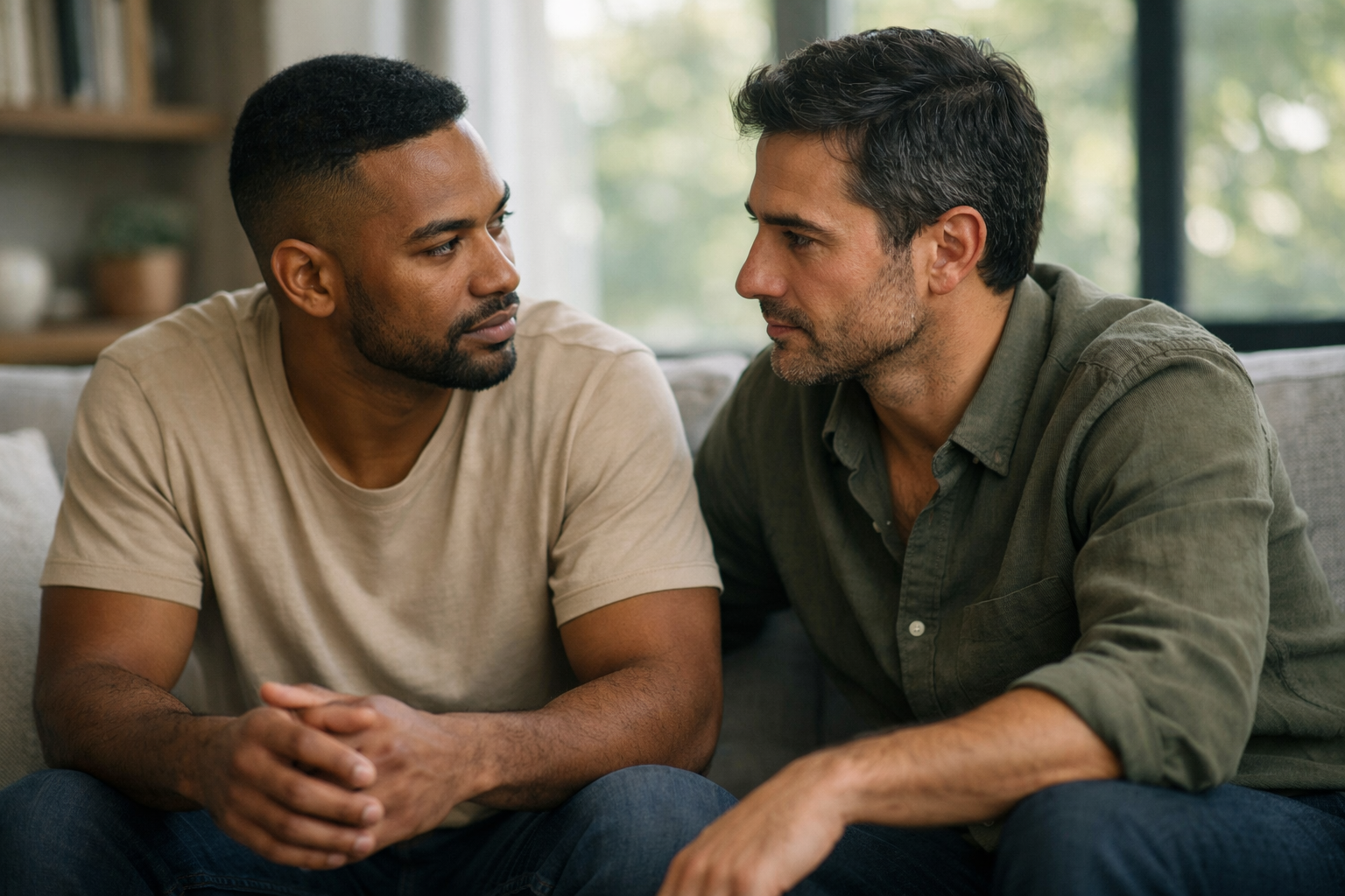 Casal de homens conversando seriamente em ambiente privado com expressão de confiança mútua