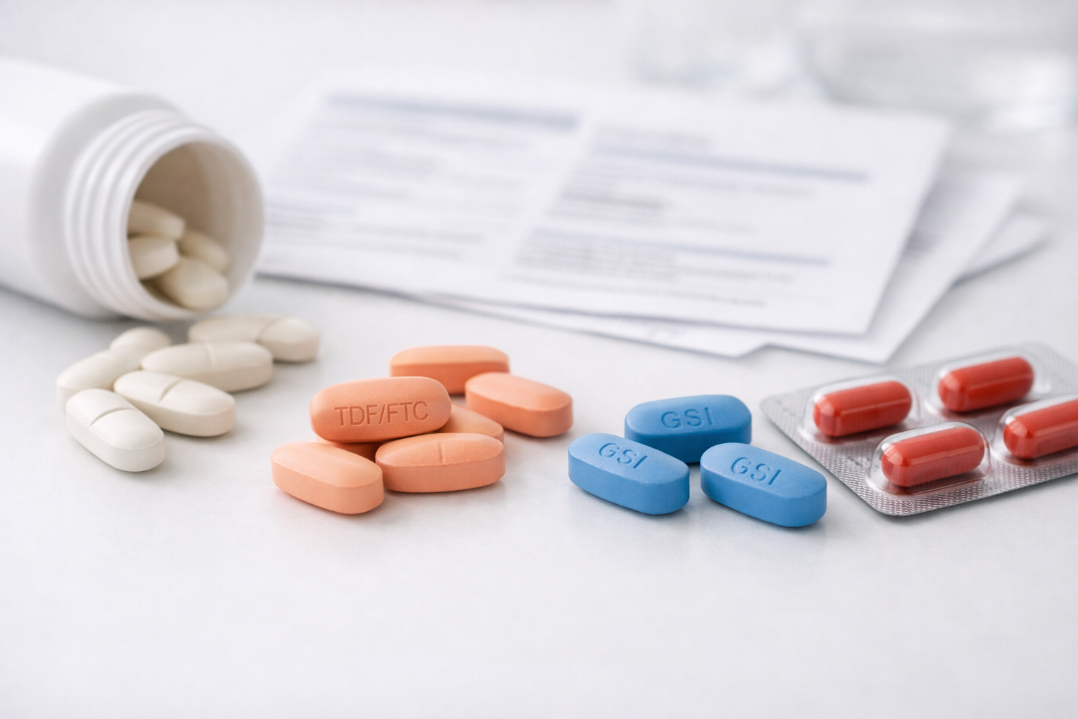 Comprimidos de antirretrovirais sobre superfície neutra com luz suave e informações médicas ao fundo