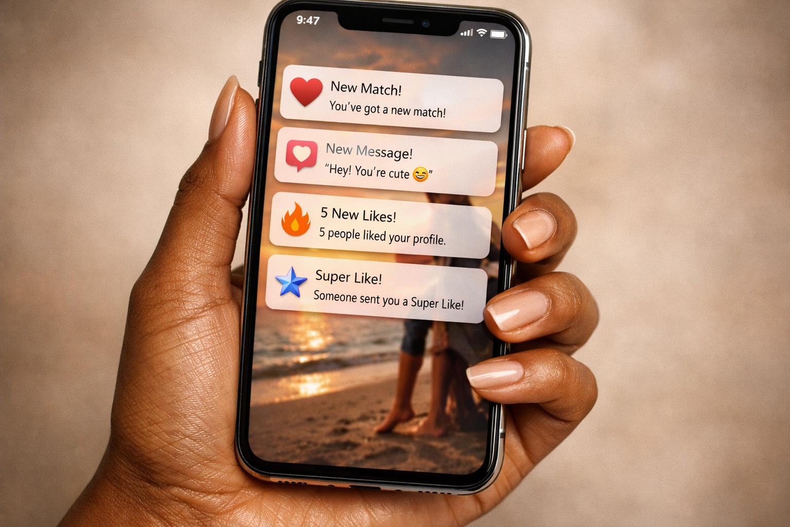 Mão segurando celular com múltiplas notificações de apps de namoro em tela iluminada