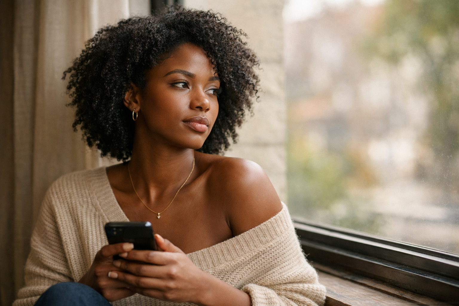 Pessoa refletindo enquanto olha pela janela com celular na mão em momento de introspecção