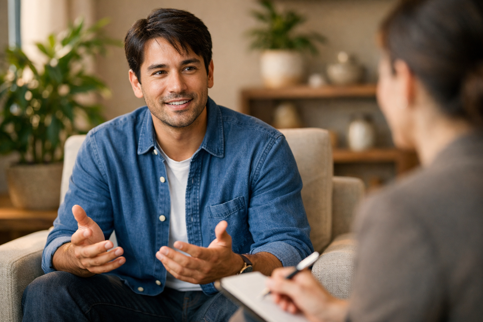 Homem em sessão de terapia conversando com psicólogo em consultório acolhedor