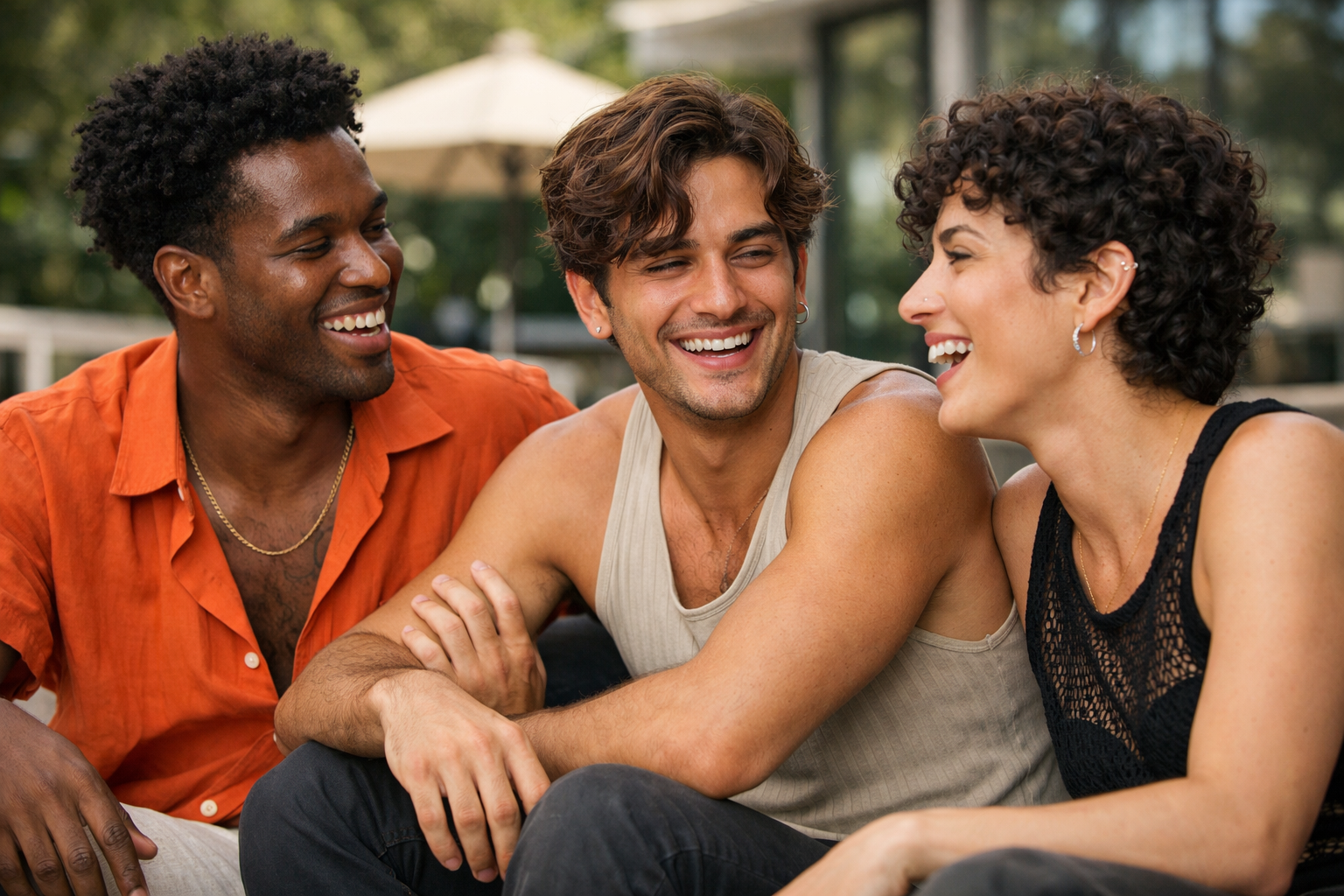 Grupo de amigos LGBTQ+ diversos conversando em ambiente descontraído ao ar livre