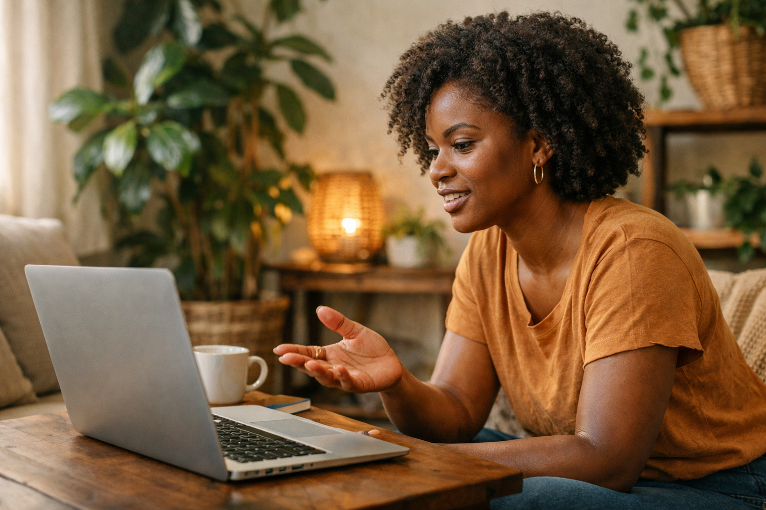 Pessoa em sessão de terapia online, conversando com profissional de saúde mental sobre sentimentos