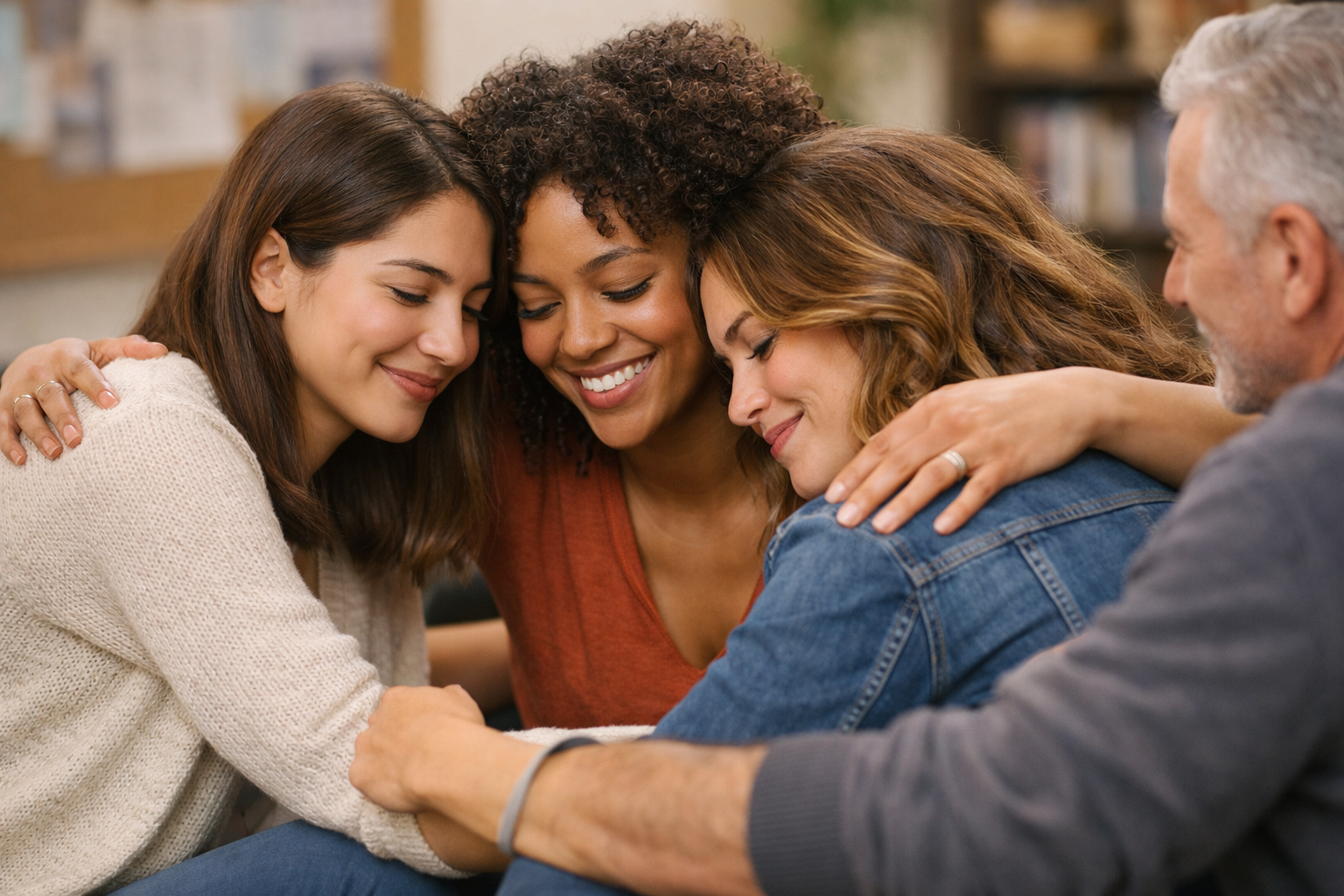 Grupo diverso de pessoas LGBTQI+ em círculo de apoio, conversando e se acolhendo