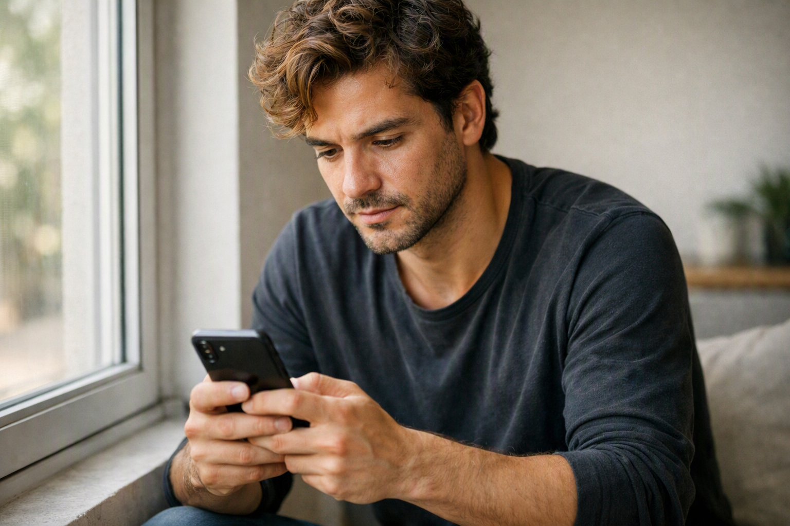 Homem usando smartphone em ambiente interno com luz suave e expressão concentrada