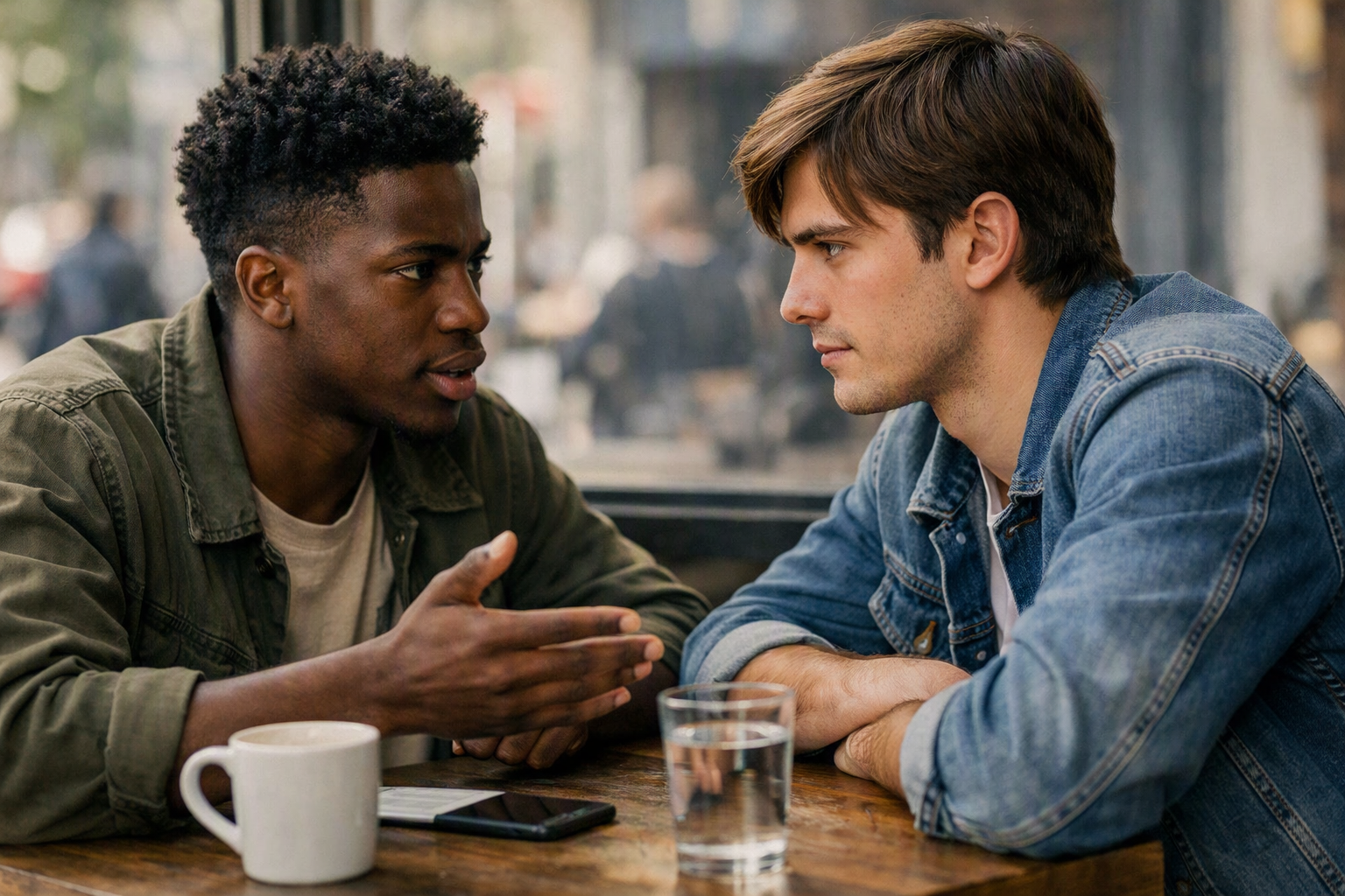 Dois homens jovens conversando em mesa de café com expressões sérias e atentas um ao outro