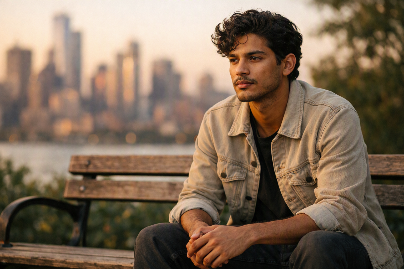 Homem jovem sentado sozinho em banco de praça urbana ao entardecer com expressão pensativa